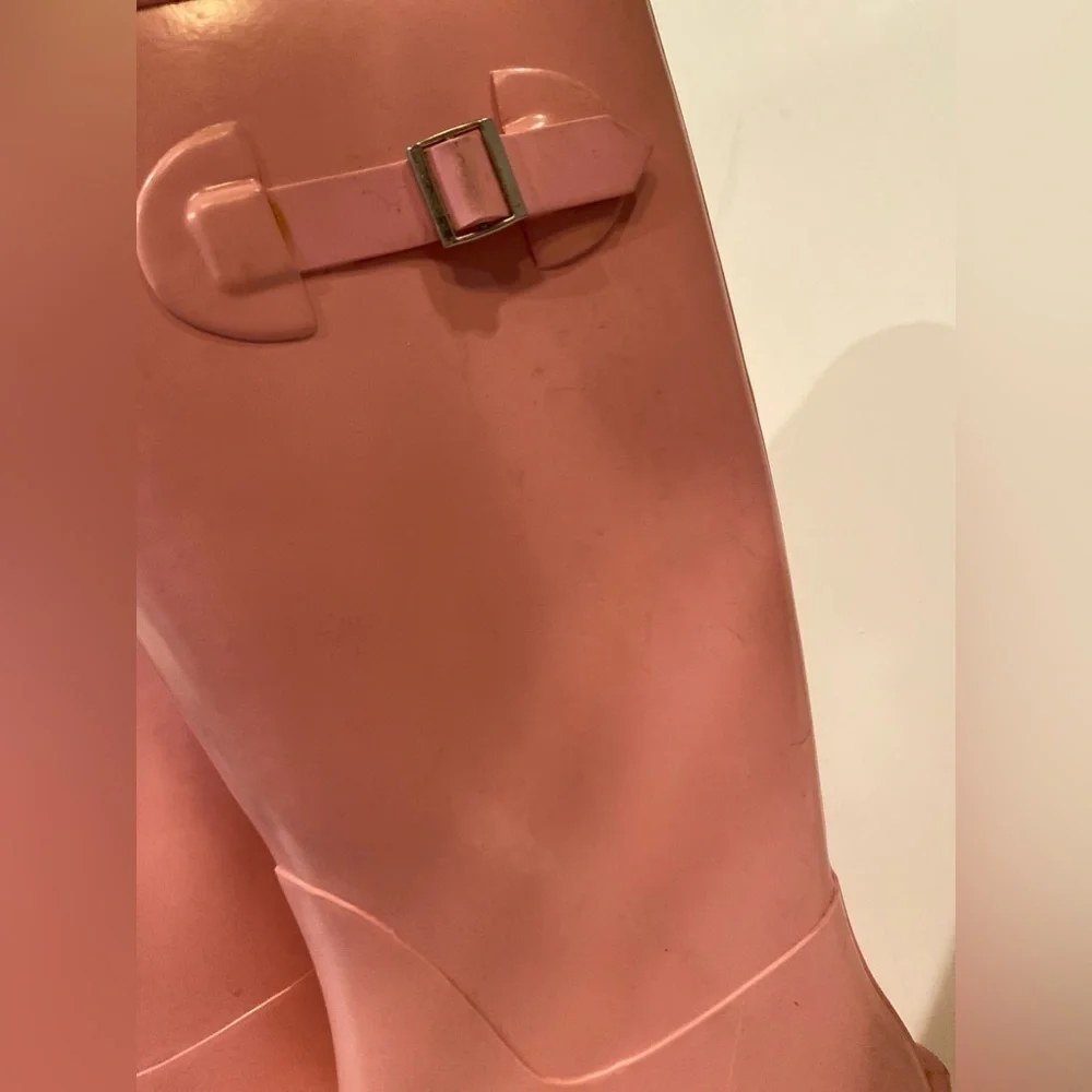 Stylish Light Pink Waterproof Knee High Rubber Rain Boots~Side Buckle Accent